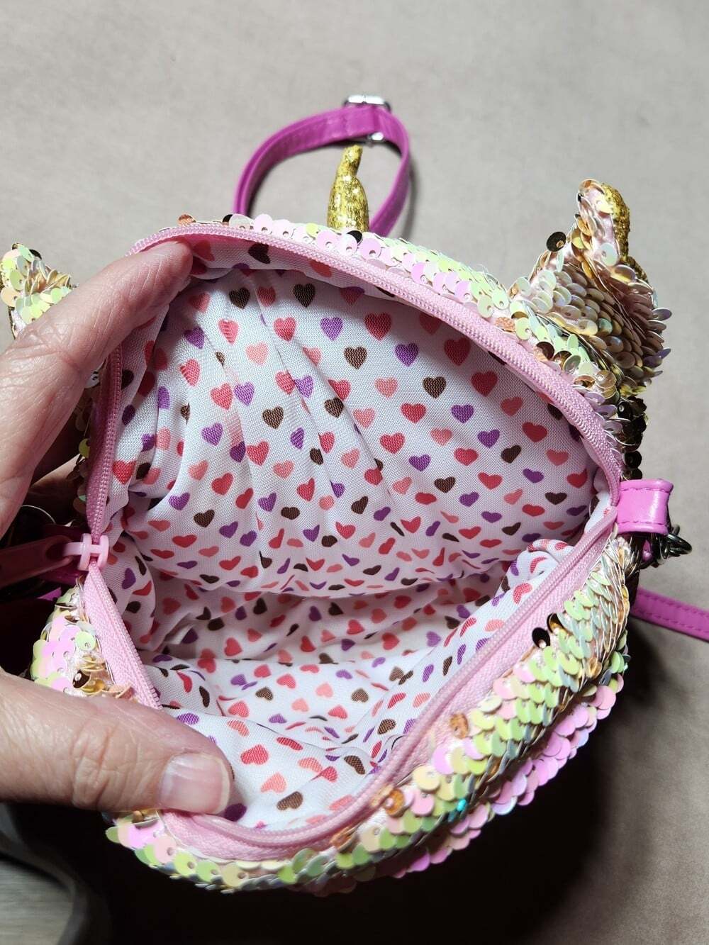Ty Fantasia Flippable Sequin Unicorn Crossbody Bag Iridescent Pink and Gold - Picture 5 of 12